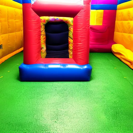 Image similar to a darkly lit indoor children's bounce house photo taken with a deposable camera limital space