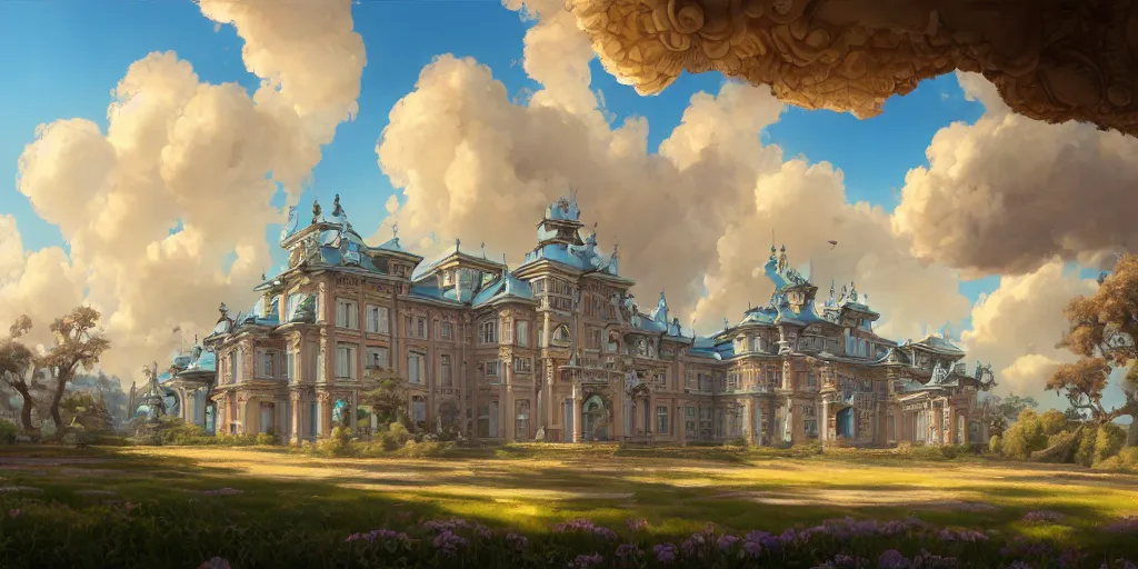 Image similar to A realistic painting of The Cat and its Rococo Palace in the sky with blue flowers and clouds, in the style of Krenz Cushart, Moebius, and Muchain, Prismatic, Rococo, Pearlescent, reflective, shimmering, highly detailed, masterpiece, dreamy, concept art, Cinema lighting, 8k, trending on artstation