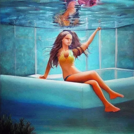 Image similar to a girl lying floating in a room full of water, very beautiful fantastic painting