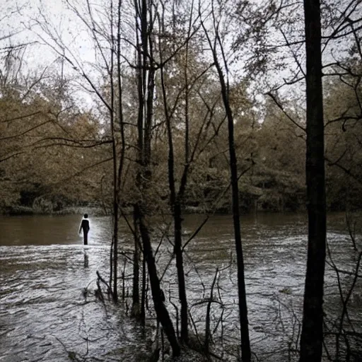 Image similar to photo of a ghostly figure floating over a river, cinematic, blair witch project, real