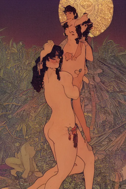 Image similar to a beautiful illustration of a black godess model girl with short hair, bikini, she's sad by mucha and moebius and geof darrow, sunset, street of hong kong, cinematic light, very detailed, depressing atmosphere, cover magazine