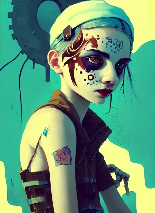 Image similar to highly detailed portrait of a sewer punk young lady with white graffiti face paint by atey ghailan, james gilleard, by joe fenton, by greg rutkowski, by greg tocchini, by kaethe butcher, 4 k resolution, gradient yellow, black, brown and cyan color scheme, grunge aesthetic!!! ( ( dystopian graffiti tag wall in background ) )