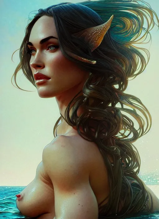 Prompt: portrait of megan fox as mermaid, fishtail, ocean, seashells, intricate, headshot, highly detailed, digital painting, artstation, concept art, sharp focus, cinematic lighting, illustration, art by artgerm and greg rutkowski, alphonse mucha, cgsociety