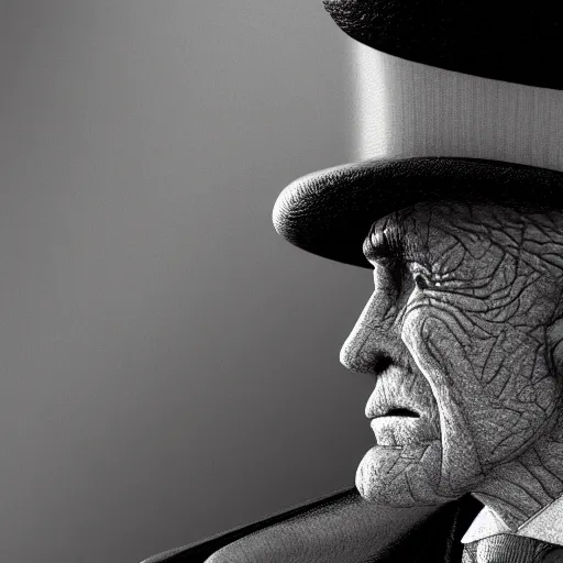 Prompt: an old man that has a face wearing a suit and top hat in a medieval village, D&D, high detail, trending on artstation, 4k photorealistic, volumetric lighting, HD