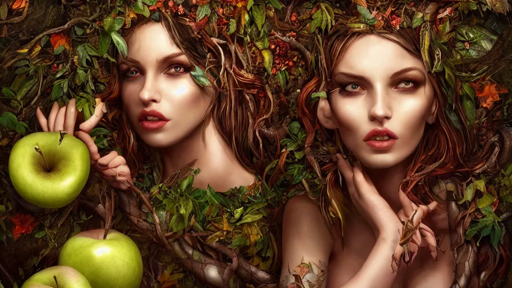 Image similar to portrait high definition photograph beautiful woman with a snake tongue licking an apple fantasy character art, hyper realistic, pretty face, hyperrealism, iridescence water elemental, snake skin armor forest dryad, woody foliage, 8 k dop dof hdr fantasy character art, by aleski briclot and alexander'hollllow'fedosav and laura zalenga