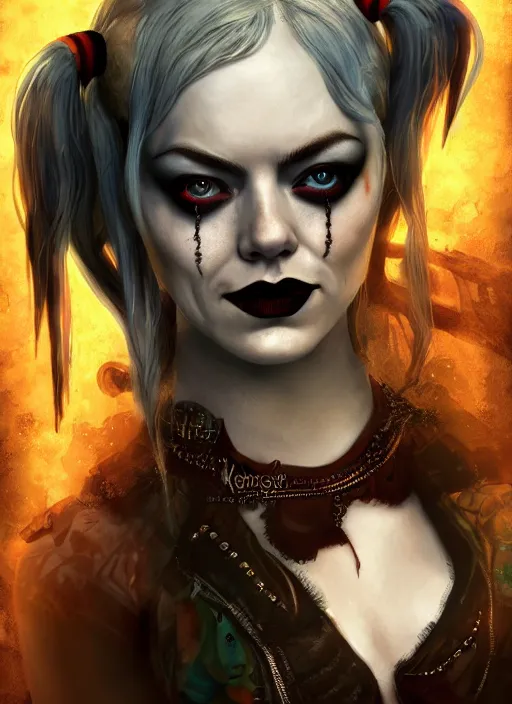 Image similar to underwater dark goth gothic steampunk portrait of emma stone as harley quinn, full moon, hyper detailed, digital art, cinematic lighting, studio quality, smooth render, unreal engine 5, octane rendered, art style by klimt and nixeu and ian sprigger and krenz cushart.