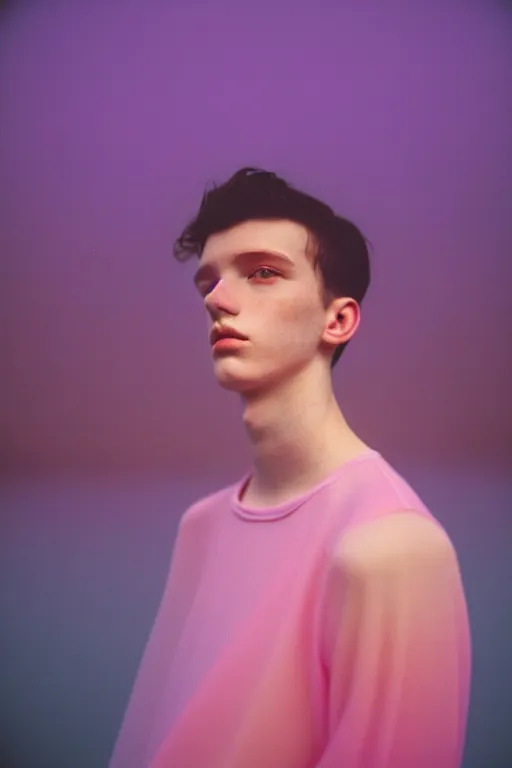 Image similar to high quality pastel coloured film mid angle docu photograph of a beautiful young 2 0 year old male, soft features, short black hair, extremely oversized!!! clothing!! next to icelandic black rock pool environment. atmospheric. three point light. photographic. art directed. ( pastel colours ). volumetric light. clearcoat. waves glitch. 8 k. filmic.