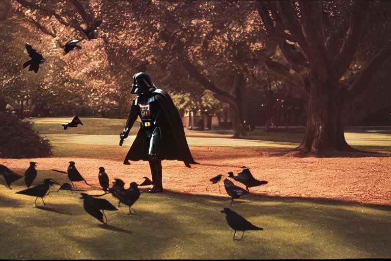 Image similar to a photograph of Darth Vader feeding the birds in a park, cinematic lighting, 35mm, morning light, national geographic, fuji velvia, highly detailed, 8k,