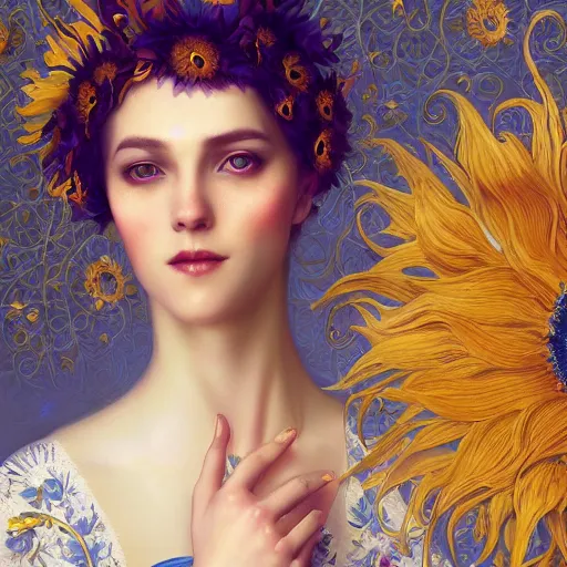 Image similar to blonde lady in white embroidered shirt, ukrainian national costume, filigree crown with blue and yellow textile embroidery sunflowers, intricate, elegant, digital painting, art nouveau, smooth, focus, rim light, charlie bowater, tom bagshaw, greg rutkowski