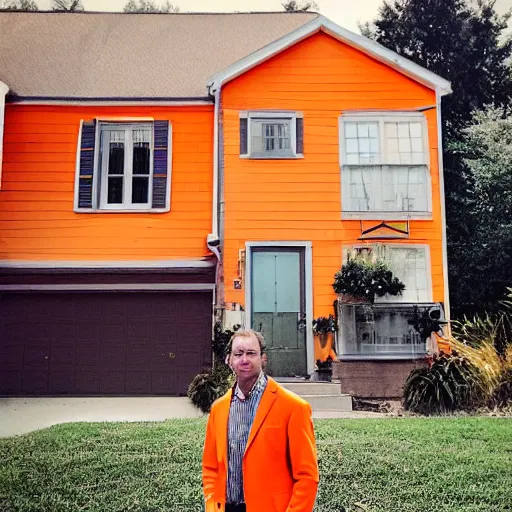 Prompt: a man in an orange jacket standing in front of a house, a picture by jacob steinhardt, tumblr contest winner, postminimalism, contest winner, # vfxfriday, handsome