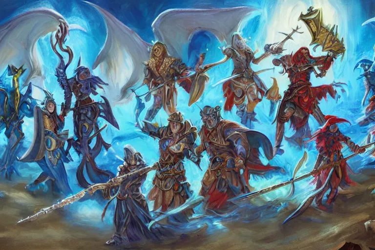 Image similar to dungeons and dragons fantasy painting, close order phalanx of parrot sorcerers, 3 0 0, whimsical and cute, determined expressions, watery blue eyes, anime inspired, steel axes, dawn lighting, at the beach