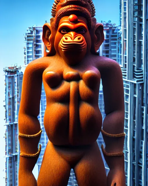 Image similar to high quality 3 d futuristic biomorphic hanuman! head building in mumbai!! centre, highly detailed, cinematic smooth, berenice abbott & john j. park, dramatic warm morning light, wide shot, high angle, uhd 8 k, sharp focus