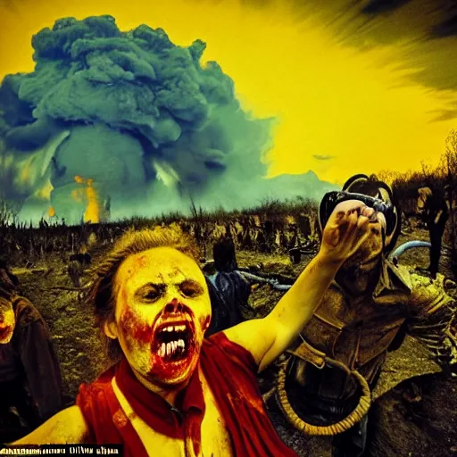 Image similar to selfie of a ukrainian screaming in pain and terrible injuries from a nuclear explosion, everything is on fire and radiation, in the background there are a lot of people like zombies, corpses and skeletons, a large nuclear explosion in the background, people are painted in yellow and blue, all dirty with severed limbs, doomsday