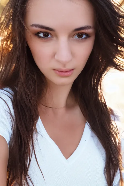 Image similar to 2 4 year old professional brunette female wearing white v - neck top, portrait, neck zoomed in, photo realistic, slr, golden hour, 4 k, high definition, selfie