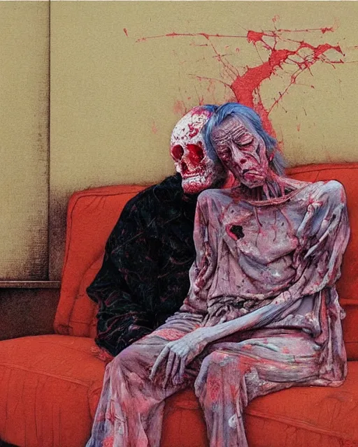 Prompt: thick flowing expressive acrylic painting of an old dead couple sitting on a couch in an old soviet apartment, Beksinski painting, part by Adrian Ghenie and Gerhard Richter. art by Takato Yamamoto, Francis Bacon masterpiece