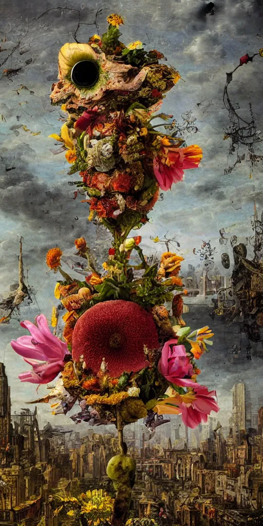 Prompt: grotesque flower in the middle of abandoned alien cityscape, bokeh, ultradetailed by Giuseppe Arcimboldo and Passarotti