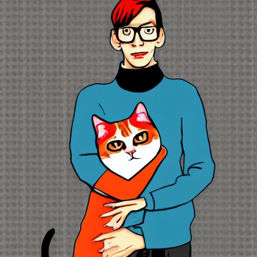 Image similar to an album of neil cicierega holding a cat, in a red color style, in a railroad background