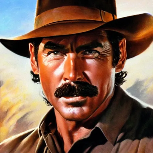 Prompt: ultra realistic portrait painting of tom selleck as indiana jones, art by frank frazetta, 4 k, ultra realistic, highly detailed, epic lighting