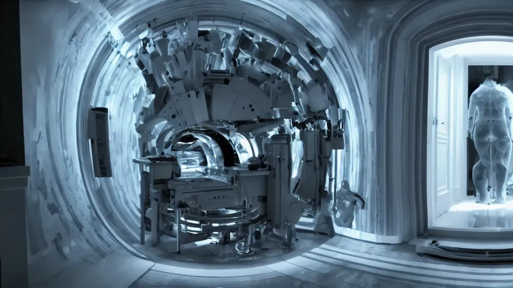 Image similar to an mri image open mri exposed uncovered machine portal in the living room, film still from the movie directed by denis villeneuve with art direction by salvador dali, wide lens