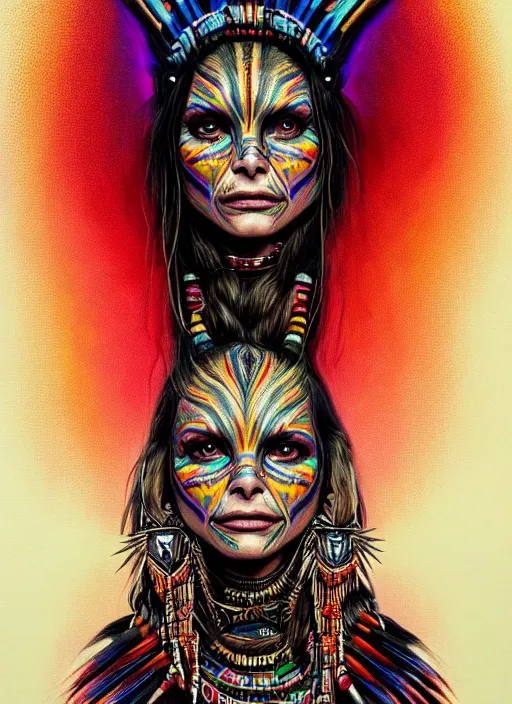 Image similar to portrait of michelle pfeiffer, hyper detailed ultra sharp aztec shaman warrior. trending on artstation, warpaint aesthetic, bloodwave, colorful, psychedelic, ornate, intricate, digital painting, concept art, smooth, sharp focus, illustration, art by artgerm and greg rutkowski and h. r. giger, 8 k