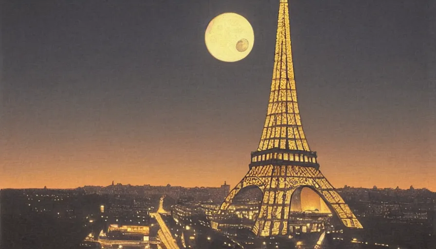 Prompt: eiffel tower under moonlight, by hasui kawase, silent, loneliness, cinematic composition