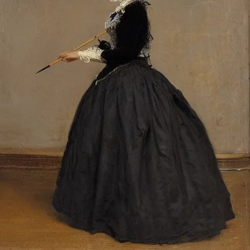 Image similar to young victorian lady in ball gown, absent - minded chewing on the end of a pencil, painted by alfred stevens