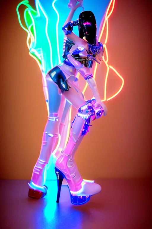 Image similar to full-body neon porcelain baroque bladerunner style sculpture of young royal dancers Kazaky in masculine black high heel boots as a high-fashion half-robot wearing retro shades with a porcelain body with an opening exposing a corrupted battery leaking blue glowing radioactive liquid, electric sparks, glowing violet laser beam eyes, crown of giant rubies, flowing pink and orange neon-colored glitched silk, luminescent fabrics, mechanical raptors. baroque and steampunk elements. full-length view. baroque element. intricate artwork by caravaggio. Very very very very highly detailed epic photo of face. Trending on artstation, octane render, cinematic lighting from the right, hyper realism, octane render, 8k, depth of field, 3D