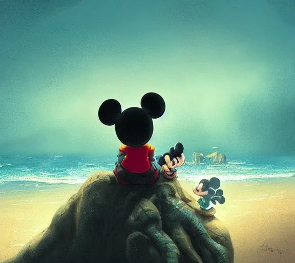 Prompt: Mickey Mouse sitting on a terrifying beach with giant scary sea creatures, monsters, dark, dim, nightmarish, digital painting, in the style of raphael lacoste, super detailed, artstation