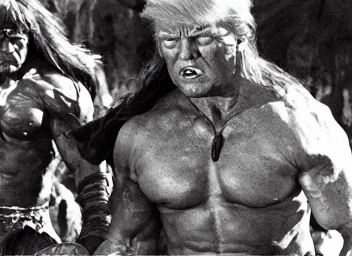 Image similar to still of muscular donald trump in conan the barbarian directed by frank frazetta, high resolution