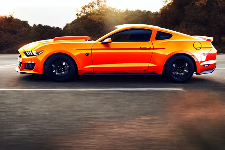 Image similar to a photo hyperrealistic flying bright orange Ford Mustang spaceship