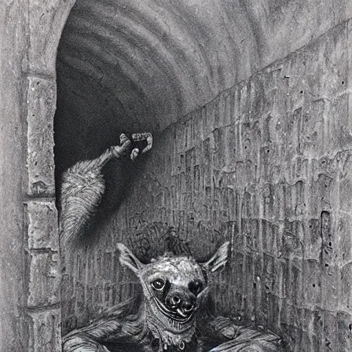 Image similar to spider morphed with a hyena, in sewer, highly detailed beksinski art