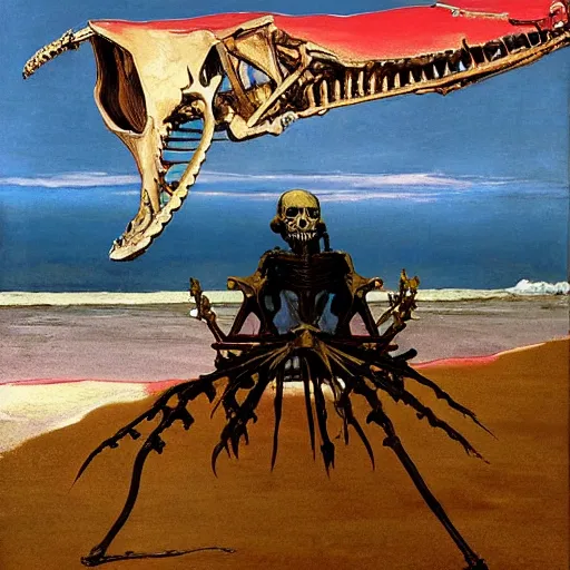 Prompt: An old dead figure seated on a throne of gold on the beach with a whale skeleton swimming in the sea in yhe background by Francisco Goya and Francis Bacon, vibrant red background, mythological painting, oil painting, triadic color scheme, very coherent, Beksinski painting