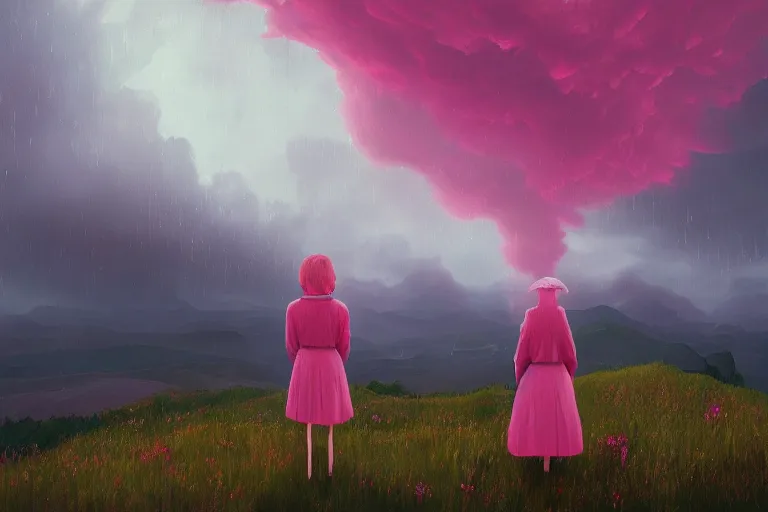 Image similar to giant pink flower as a head, girl standing on mountain, surreal photography, stars, dramatic light, impressionist painting, storm clouds, digital painting, artstation, simon stalenhag