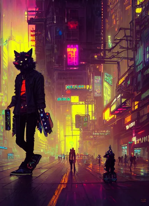 Image similar to anthropomorphic coyote character wearing black cyberpunk skater clothes with neon highlights in a cyberpunk city. Renowned character illustration by greg rutkowski, thomas kindkade, alphonse mucha, loish, norman rockwell. Trending on artstation 4k. Highly detailed. Digital art.