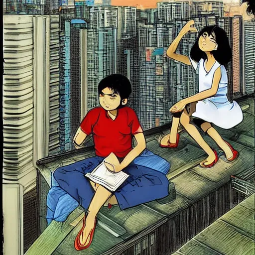 Image similar to art of two singapore students on the roof of a hdb flat, by satoshi kon