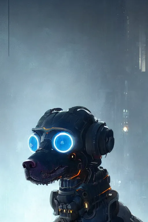 Image similar to A a very cute cyberpunk dog character, metal parts, glowing eyes, profile picture by Greg Rutkowski, Matte Painting, trending on the artstation