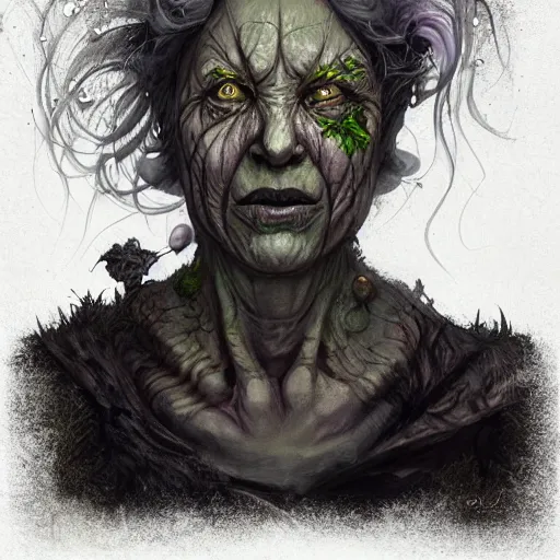 Prompt: fantasy portrait of an energetic old nurgle cultist woman with silky, cloudy grey hair, black scars on her face, swamp vegetation in the background, nocturnal palette, art by greg rutowski, raphael lacoste, eddie mendoza, artgerm, trending on artstation
