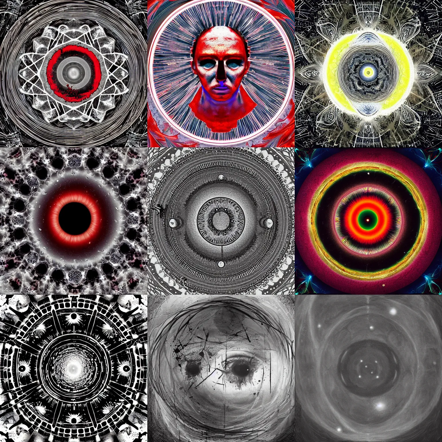 Prompt: and in the bloodlit dark behind his eyes, silver phosphenes boiled in from the edge of space, hypnagogic images jerking past like a film compiled of random frames. symbols, figures, faces, a blurred, fragmented mandala of visual information