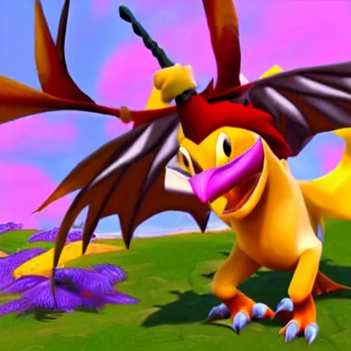 Prompt: screenshot of a humanoid anthropomorphic gryphon bard with a feather in its cap as an enemy in spyro the dragon video game, with playstation 1 graphics, activision blizzard, upscaled to high resolution