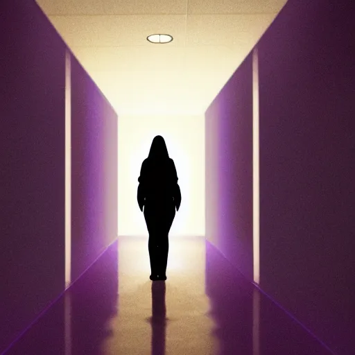 Prompt: long dark corridor with neon purple lights illuminating a woman in a plain, white mask, and wielding a crowbar, standing at the end of the corridor. high quality, ultra detail, realistic, reflective, raytraced reflections, dark corridor, neon purple lights