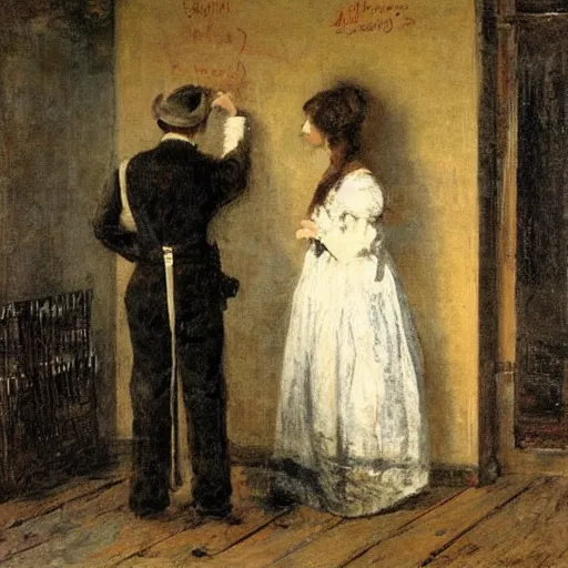 Image similar to a young man and a young woman solving an escape room puzzle, mysterious markings on the wall, by alfred stevens