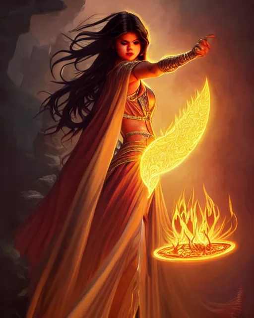 Image similar to Selena Gomez as a sorceress levitating and casting a fire spell, surrounded by fire, D&D, fantasy, intricate, elegant, highly detailed, digital painting, artstation, concept art, matte, sharp focus, illustration, hearthstone, art by Artgerm and Greg Rutkowski and Alphonse Mucha