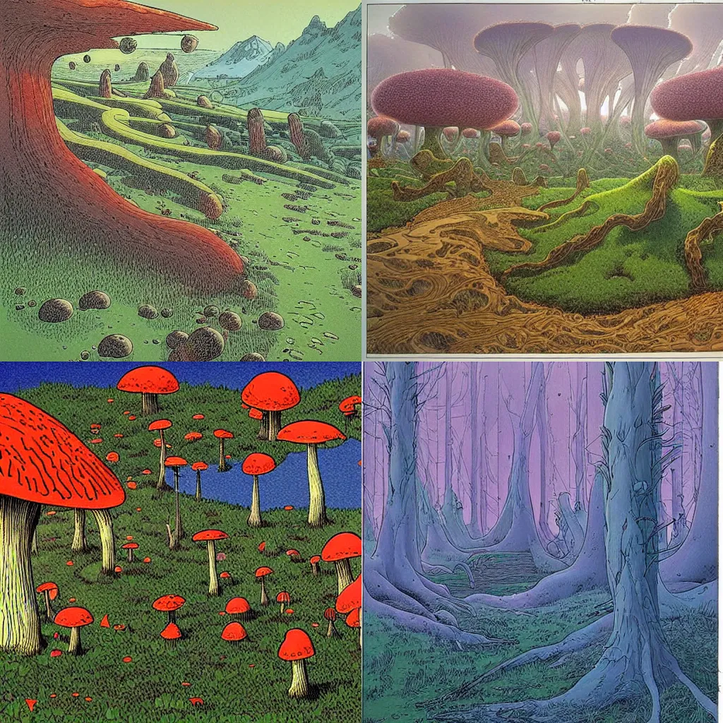 Prompt: beatiful fungal growth landscape by moebius