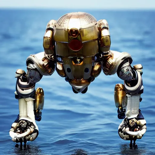 Image similar to shiny robot exoskeleton with a shell inspired by isopods walking across the ocean floor collecting shells, real life, photography, national geographic