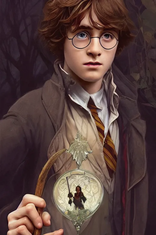 Prompt: beautiful cottagecore young harry potter holding a magicwand. intricate, elegant. highly detailed, digital painting, artstation, concept art, smooth, sharp, focus, illustration. . art by artgerm and greg rutkowski and alphonse mucha