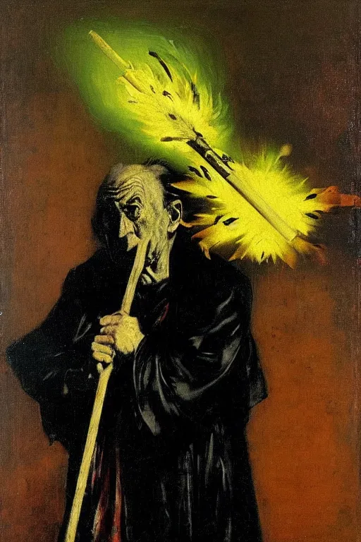 Image similar to insane crazy old priest in stained robes, surrounded by an aura crow feathers, holding a glowing sledgehammer, portrait, painting by francis bacon, by ilya repin, by goya