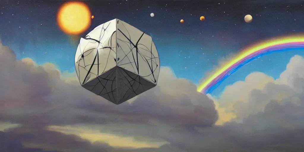 Image similar to a painting by ralph mcquarrie of floating molecules and a giant head icosahedron with stars, clouds, and rainbows in the background, trending on artstation, masterpiece, incredible details