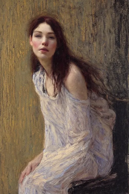 Image similar to Richard Schmid and Jeremy Lipking and Gustav Klimt full length portrait painting of a young beautiful woman