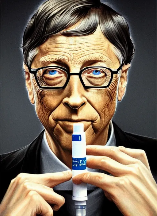 Prompt: bill gates with reptile eyes!!!, vertical pupil!!!, lizard skin, holding a syringe!!, portrait, intricate, elegant, highly detailed, digital painting, artstation, concept art, wallpaper, smooth, sharp focus, illustration, art by h. r. giger and artgerm and greg rutkowski and alphonse mucha