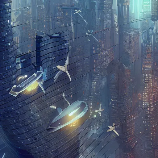 Prompt: blimps flying over a futuristic city, digital art, detailed, depth of field, frog, trending on artstation, devianart, cgsociety